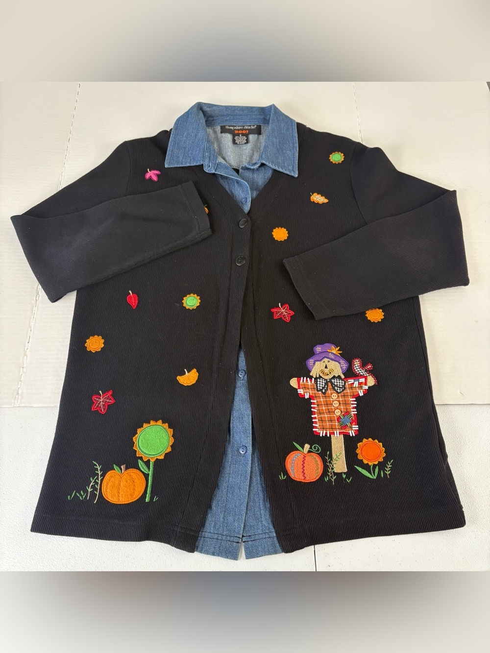 Hampshire Studio Boo! Women’s Sz Small Chambray + Black Halloween Knit Cardigan